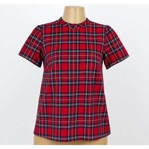 Draper James‎ XS Plaid Top Short Sleeve Red Navy White Blouse Bow Back Preppy